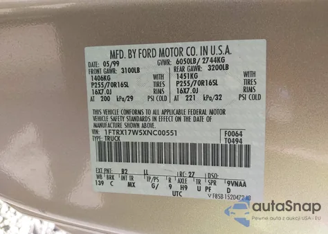 1999 Ford F-150 Lariat/Work Series/Xl/Xlt из США, поврежденный, VIN 1FTRX17W5XNC00551